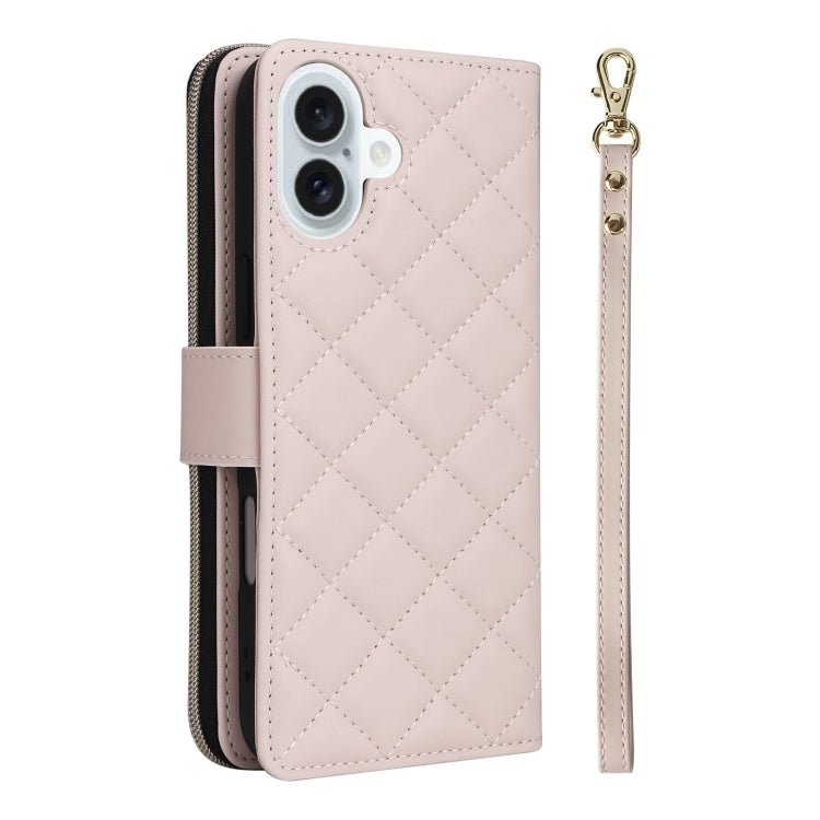 For iPhone 16 Plus Crossbody Rhombic Zipper Tower Buckle Leather Phone Case with Lanyard(Beige) - iPhone 16 Plus Cases by PMC Jewellery | Online Shopping South Africa | PMC Jewellery | Buy Now Pay Later Mobicred