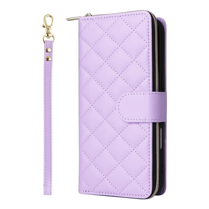 For iPhone 16 Crossbody Rhombic Zipper Tower Buckle Leather Phone Case with Lanyard(Purple) - iPhone 16 Cases by PMC Jewellery | Online Shopping South Africa | PMC Jewellery | Buy Now Pay Later Mobicred