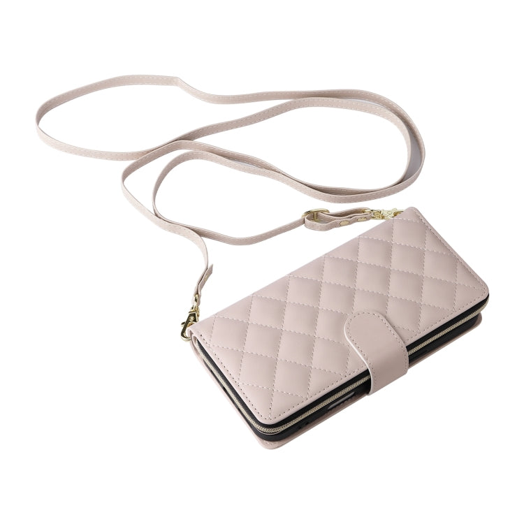 For iPhone 16 Crossbody Rhombic Zipper Tower Buckle Leather Phone Case with Lanyard(Beige) - iPhone 16 Cases by PMC Jewellery | Online Shopping South Africa | PMC Jewellery | Buy Now Pay Later Mobicred