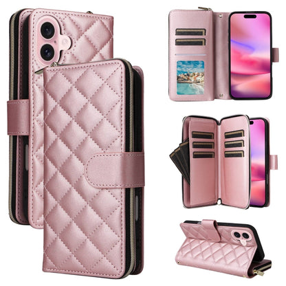 For iPhone 16 Crossbody Rhombic Zipper Tower Buckle Leather Phone Case with Lanyard(Rose Gold) - iPhone 16 Cases by PMC Jewellery | Online Shopping South Africa | PMC Jewellery | Buy Now Pay Later Mobicred