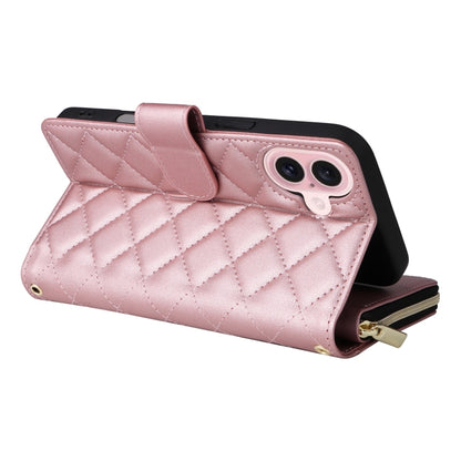 For iPhone 16 Crossbody Rhombic Zipper Tower Buckle Leather Phone Case with Lanyard(Rose Gold) - iPhone 16 Cases by PMC Jewellery | Online Shopping South Africa | PMC Jewellery | Buy Now Pay Later Mobicred