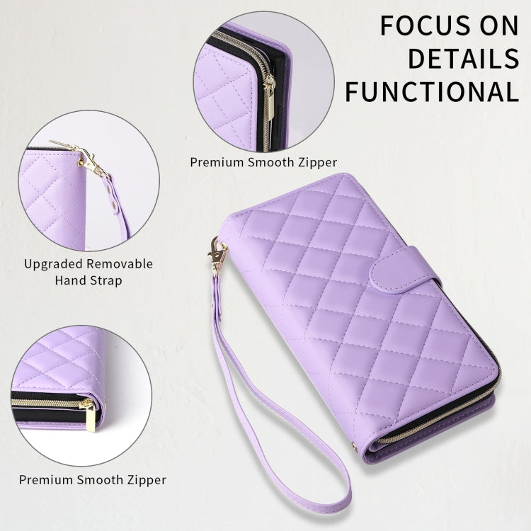 For Samsung Galaxy S24 5G Crossbody Rhombic Zipper Tower Buckle Leather Phone Case with Lanyard(Purple) - Galaxy S24 5G Cases by PMC Jewellery | Online Shopping South Africa | PMC Jewellery | Buy Now Pay Later Mobicred