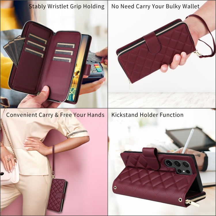 For Samsung Galaxy S24 5G Crossbody Rhombic Zipper Tower Buckle Leather Phone Case with Lanyard(Wine Red) - Galaxy S24 5G Cases by PMC Jewellery | Online Shopping South Africa | PMC Jewellery | Buy Now Pay Later Mobicred