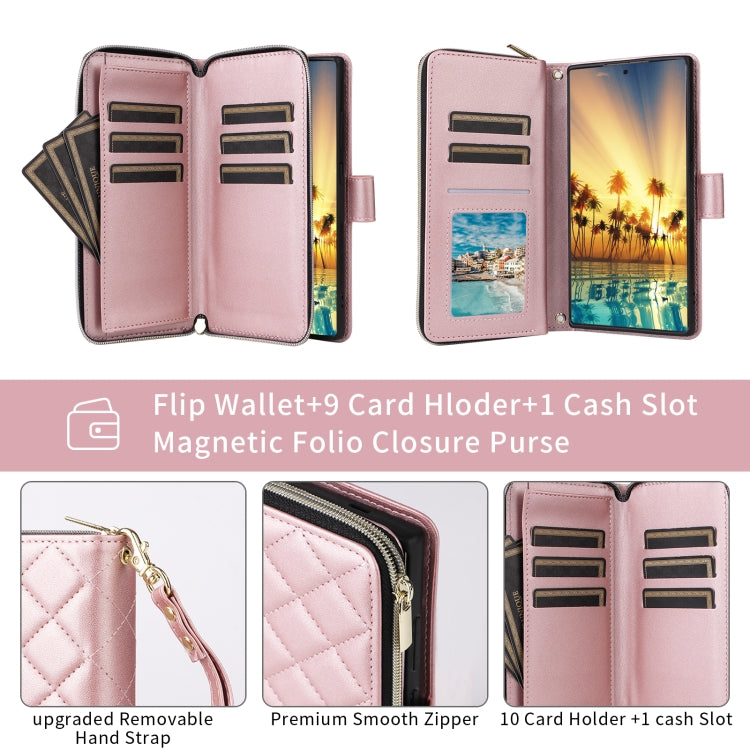 For Samsung Galaxy S24+ 5G Crossbody Rhombic Zipper Tower Buckle Leather Phone Case with Lanyard(Rose Gold) - Galaxy S24+ 5G Cases by PMC Jewellery | Online Shopping South Africa | PMC Jewellery | Buy Now Pay Later Mobicred