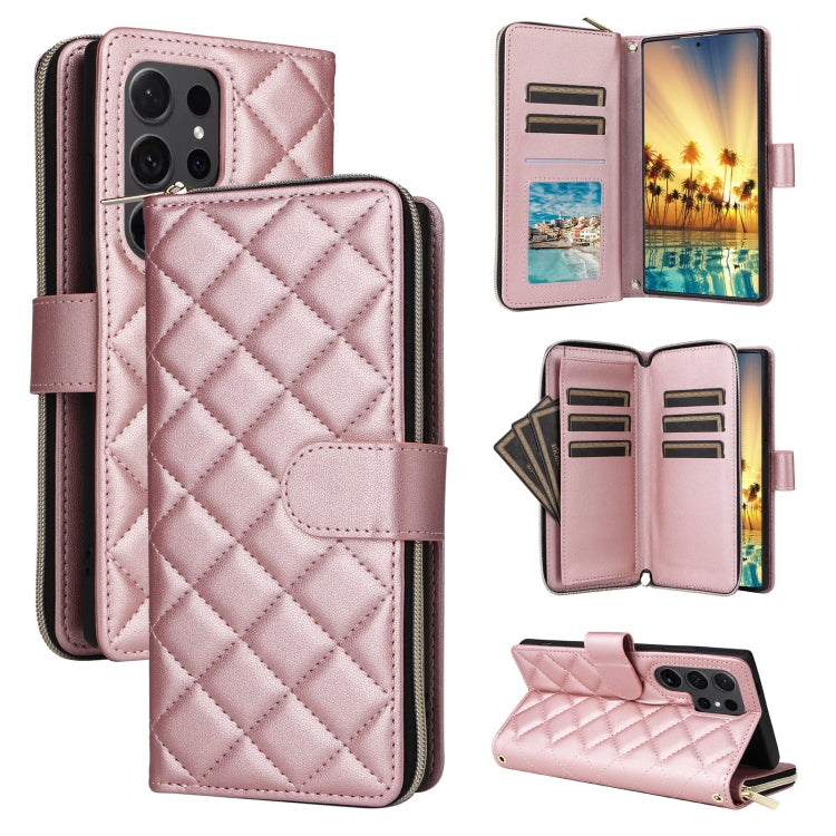 For Samsung Galaxy S24 Ultra 5G Crossbody Rhombic Zipper Tower Buckle Leather Phone Case with Lanyard(Rose Gold) - Galaxy S24 Ultra 5G Cases by PMC Jewellery | Online Shopping South Africa | PMC Jewellery | Buy Now Pay Later Mobicred