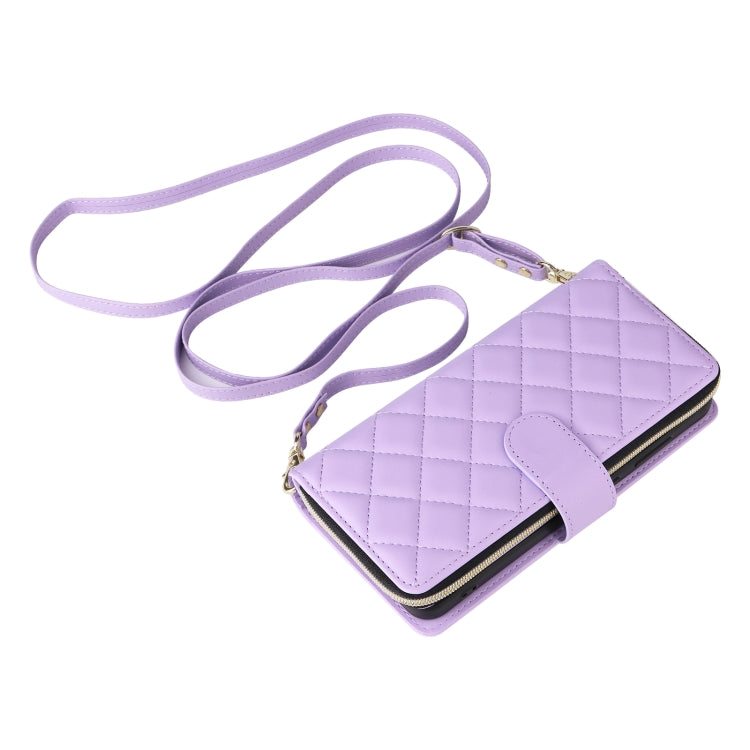 For Samsung Galaxy S24 FE 5G Crossbody Rhombic Zipper Tower Buckle Leather Phone Case with Lanyard(Purple) - Galaxy S24 FE 5G Cases by PMC Jewellery | Online Shopping South Africa | PMC Jewellery | Buy Now Pay Later Mobicred