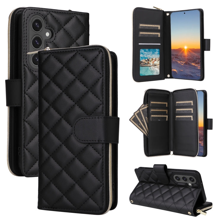 For Samsung Galaxy S24 FE 5G Crossbody Rhombic Zipper Tower Buckle Leather Phone Case with Lanyard(Black) - Galaxy S24 FE 5G Cases by PMC Jewellery | Online Shopping South Africa | PMC Jewellery | Buy Now Pay Later Mobicred