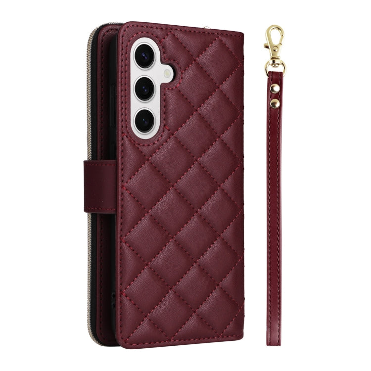 For Samsung Galaxy S25 5G Crossbody Rhombic Zipper Tower Buckle Leather Phone Case with Lanyard(Wine Red) - Galaxy S25 5G Cases by PMC Jewellery | Online Shopping South Africa | PMC Jewellery | Buy Now Pay Later Mobicred