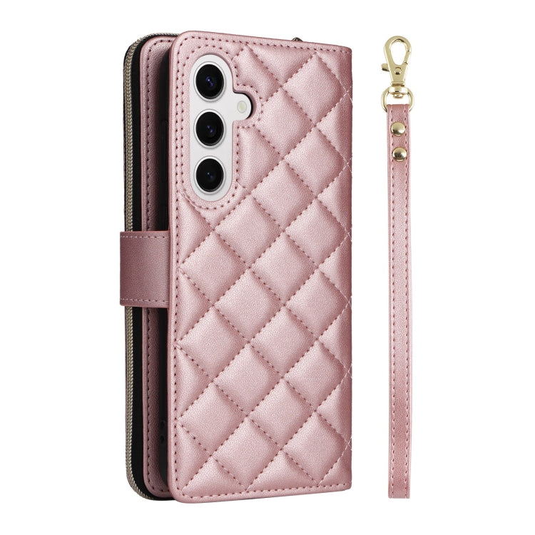 For Samsung Galaxy S25 5G Crossbody Rhombic Zipper Tower Buckle Leather Phone Case with Lanyard(Rose Gold) - Galaxy S25 5G Cases by PMC Jewellery | Online Shopping South Africa | PMC Jewellery | Buy Now Pay Later Mobicred