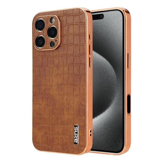 For iPhone 16 Pro AZNS Electroplated Frame Crocodile Texture Full Coverage Phone Case(Brown) - iPhone 16 Pro Cases by AZNS | Online Shopping South Africa | PMC Jewellery | Buy Now Pay Later Mobicred