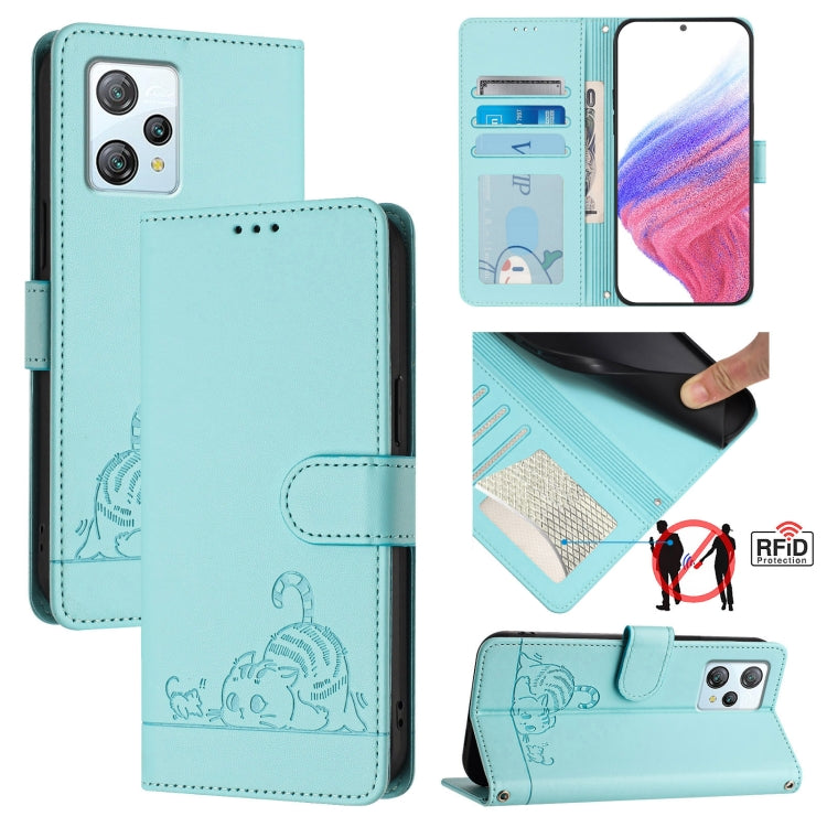 For Blackview A53 Cat Rat Embossed Pattern RFID Leather Phone Case with Lanyard(Mint Green) - More Brand by PMC Jewellery | Online Shopping South Africa | PMC Jewellery | Buy Now Pay Later Mobicred