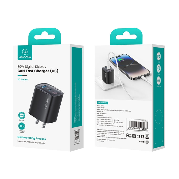 USAMS CC230 30W USB+USB-C / Type-C Dual Port GaN Digital Display Charger, Specifications: US Plug(Black) - USB Charger by USAMS | Online Shopping South Africa | PMC Jewellery | Buy Now Pay Later Mobicred