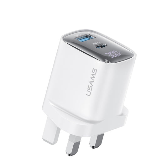 USAMS CC231 30W USB+USB-C / Type-C Dual Port GaN Digital Display Charger, Specifications: UK Plug(White) - USB Charger by USAMS | Online Shopping South Africa | PMC Jewellery | Buy Now Pay Later Mobicred