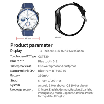 HD Watch X 1.43 inch IP68 BT5.3 Sport Smart Watch, Support Bluetooth Call / Sleep / Blood Oxygen / Heart Rate / Blood Pressure Health Monitor(Blue Leather + Blue Silicone Strap) - Smart Watches by PMC Jewellery | Online Shopping South Africa | PMC Jewellery | Buy Now Pay Later Mobicred