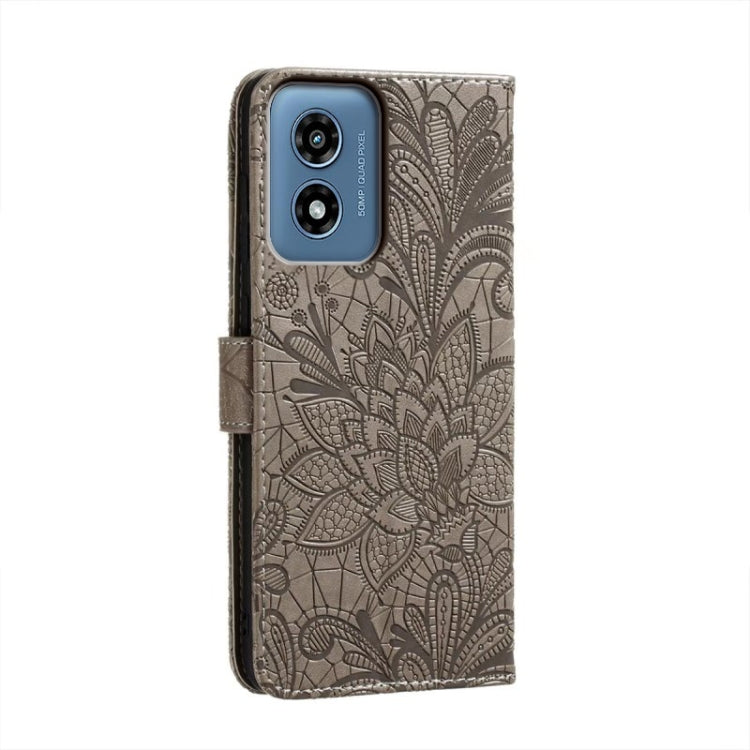 For Motorola Moto G Play 2024 Lace Flower Embossing Flip Leather Phone Case(Grey) - Motorola Cases by PMC Jewellery | Online Shopping South Africa | PMC Jewellery | Buy Now Pay Later Mobicred