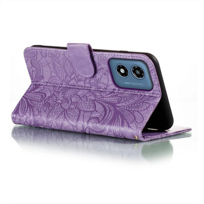 For Motorola Moto G Play 2024 Lace Flower Embossing Flip Leather Phone Case(Purple) - Motorola Cases by PMC Jewellery | Online Shopping South Africa | PMC Jewellery | Buy Now Pay Later Mobicred