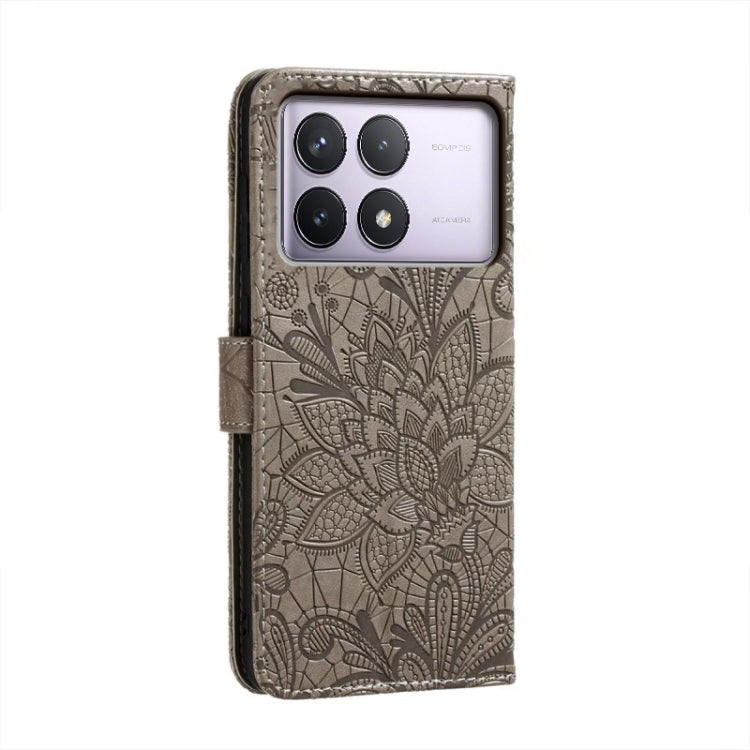 For Xiaomi Redmi K70 Lace Flower Embossing Flip Leather Phone Case(Grey) - K70 Cases by PMC Jewellery | Online Shopping South Africa | PMC Jewellery | Buy Now Pay Later Mobicred