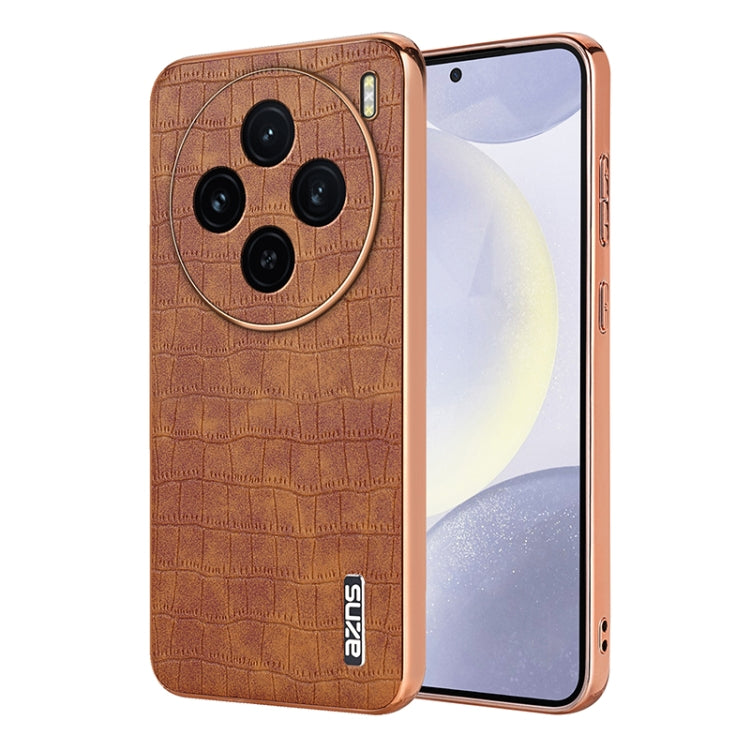 For vivo X100 5G AZNS Electroplated Frame Crocodile Texture Full Coverage Phone Case(Brown) - X100 Cases by AZNS | Online Shopping South Africa | PMC Jewellery | Buy Now Pay Later Mobicred