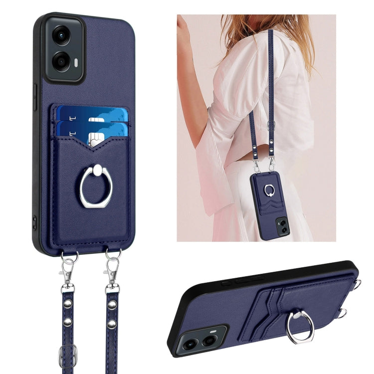 For Motorola Moto G 5G 2024 R20 Crossbody Rope Ring Card Holder Phone Case(Blue) - Motorola Cases by PMC Jewellery | Online Shopping South Africa | PMC Jewellery | Buy Now Pay Later Mobicred