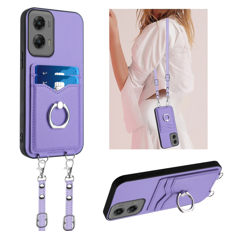 For Motorola Moto G Stylus 5G 2024 R20 Crossbody Rope Ring Card Holder Phone Case(Purple) - Motorola Cases by PMC Jewellery | Online Shopping South Africa | PMC Jewellery | Buy Now Pay Later Mobicred