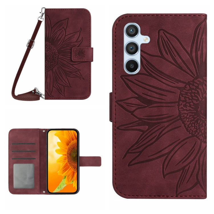 For Samsung Galaxy S25+ 5G Skin Feel Sun Flower Embossed Flip Leather Phone Case with Lanyard(Wine Red) - Galaxy S25+ 5G Cases by PMC Jewellery | Online Shopping South Africa | PMC Jewellery | Buy Now Pay Later Mobicred