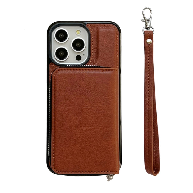 For iPhone 16 Pro Max Solid Color Zipper 11-Card Slots Bag Phone Case with Lanyard(Brown) - iPhone 16 Pro Max Cases by PMC Jewellery | Online Shopping South Africa | PMC Jewellery | Buy Now Pay Later Mobicred