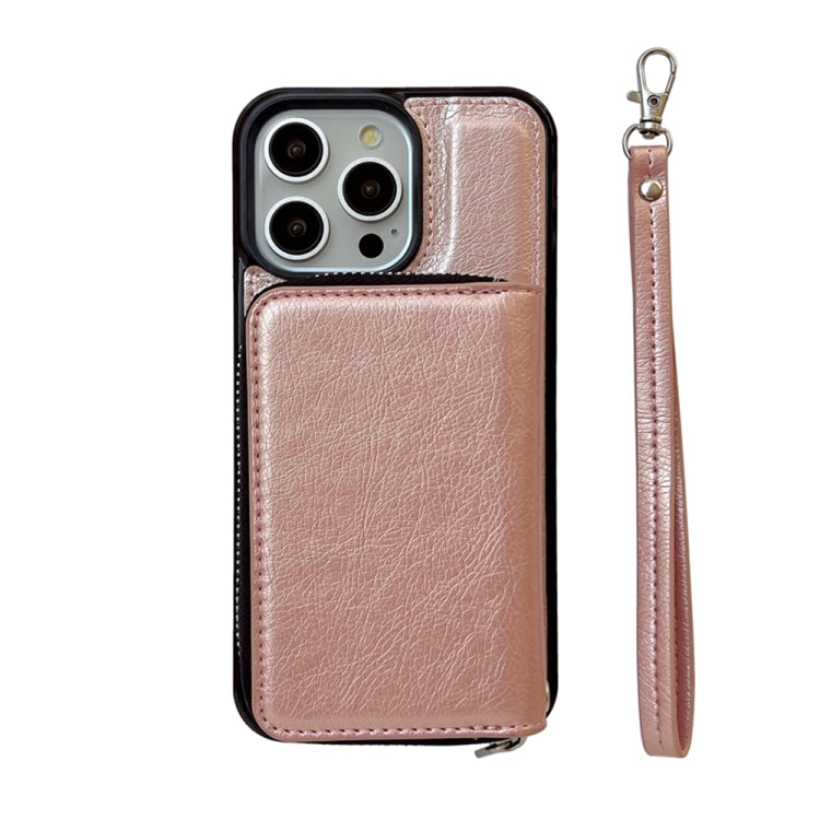 For iPhone 16 Pro Solid Color Zipper 11-Card Slots Bag Phone Case with Lanyard(Rose Gold) - iPhone 16 Pro Cases by PMC Jewellery | Online Shopping South Africa | PMC Jewellery | Buy Now Pay Later Mobicred