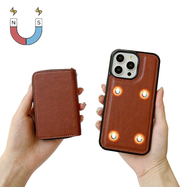 For iPhone 16 Pro Solid Color Zipper 11-Card Slots Bag Phone Case with Lanyard(Brown) - iPhone 16 Pro Cases by PMC Jewellery | Online Shopping South Africa | PMC Jewellery | Buy Now Pay Later Mobicred