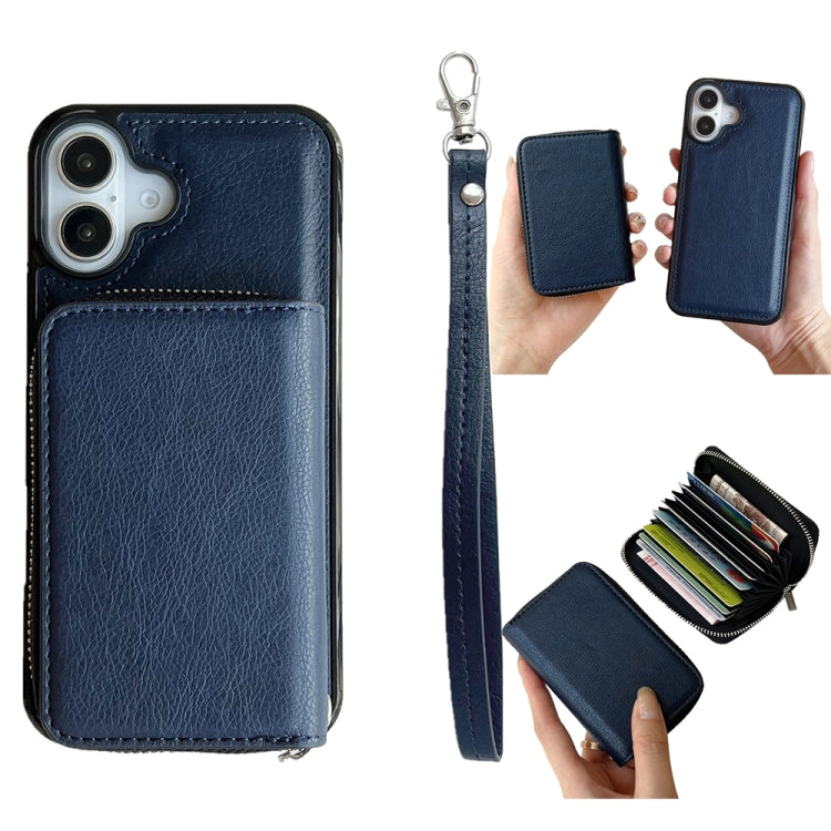 For iPhone 16 Plus Solid Color Zipper 11-Card Slots Bag Phone Case with Lanyard(Blue) - iPhone 16 Plus Cases by PMC Jewellery | Online Shopping South Africa | PMC Jewellery | Buy Now Pay Later Mobicred