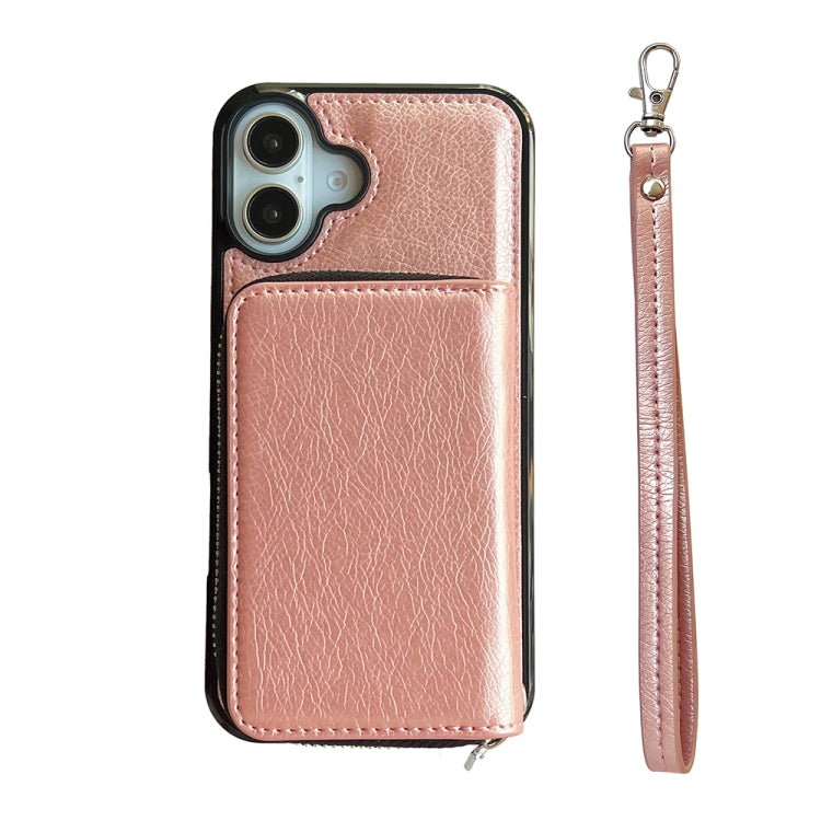 For iPhone 16 Solid Color Zipper 11-Card Slots Bag Phone Case with Lanyard(Rose Gold) - iPhone 16 Cases by PMC Jewellery | Online Shopping South Africa | PMC Jewellery | Buy Now Pay Later Mobicred