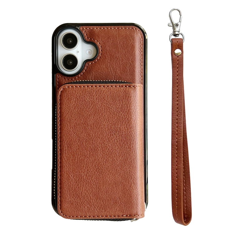 For iPhone 16 Solid Color Zipper 11-Card Slots Bag Phone Case with Lanyard(Brown) - iPhone 16 Cases by PMC Jewellery | Online Shopping South Africa | PMC Jewellery | Buy Now Pay Later Mobicred