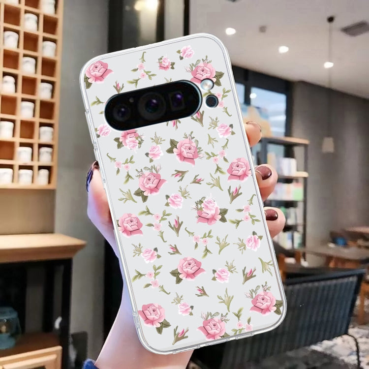 For Google Pixel 9 Colored Drawing Pattern Transparent TPU Phone Case(Pink Floral) - Google Cases by PMC Jewellery | Online Shopping South Africa | PMC Jewellery | Buy Now Pay Later Mobicred