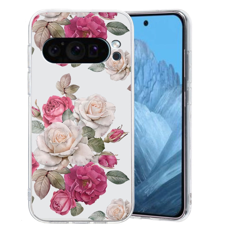 For Google Pixel 9 Pro Colored Drawing Pattern Transparent TPU Phone Case(Peony) - Google Cases by PMC Jewellery | Online Shopping South Africa | PMC Jewellery | Buy Now Pay Later Mobicred