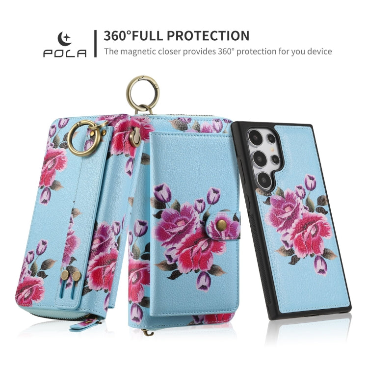 For Samsung Galaxy S24 5G POLA Flower Multi-functional Zipper Wallet Leather Phone Case(Sky Blue) - Galaxy S24 5G Cases by PMC Jewellery | Online Shopping South Africa | PMC Jewellery | Buy Now Pay Later Mobicred