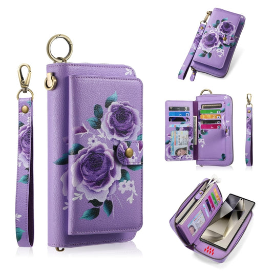 For Samsung Galaxy S24+ 5G POLA Flower Multi-functional Zipper Wallet Leather Phone Case(Purple) - Galaxy S24+ 5G Cases by PMC Jewellery | Online Shopping South Africa | PMC Jewellery | Buy Now Pay Later Mobicred