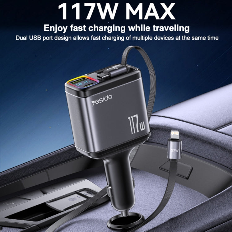 Yesido Y63 4 in 1 117W USB-C / Type-C+USB Multifunctional Retractable Dual Line Digital Display Car Fast Charger(Black) - Car Charger by Yesido | Online Shopping South Africa | PMC Jewellery | Buy Now Pay Later Mobicred