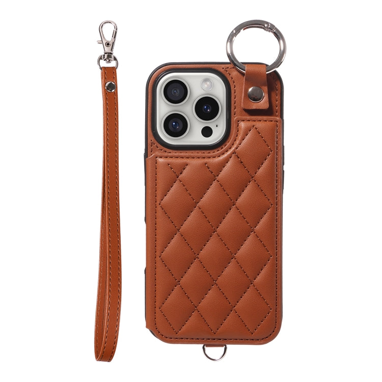 For iPhone 16 Pro Rhombic Texture Card Bag Phone Case with Short Lanyard(Brown) - iPhone 16 Pro Cases by PMC Jewellery | Online Shopping South Africa | PMC Jewellery | Buy Now Pay Later Mobicred