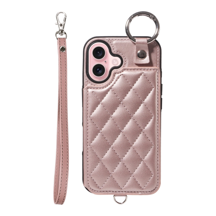 For iPhone 16 Rhombic Texture Card Bag Phone Case with Short Lanyard(Rose Gold) - iPhone 16 Cases by PMC Jewellery | Online Shopping South Africa | PMC Jewellery | Buy Now Pay Later Mobicred