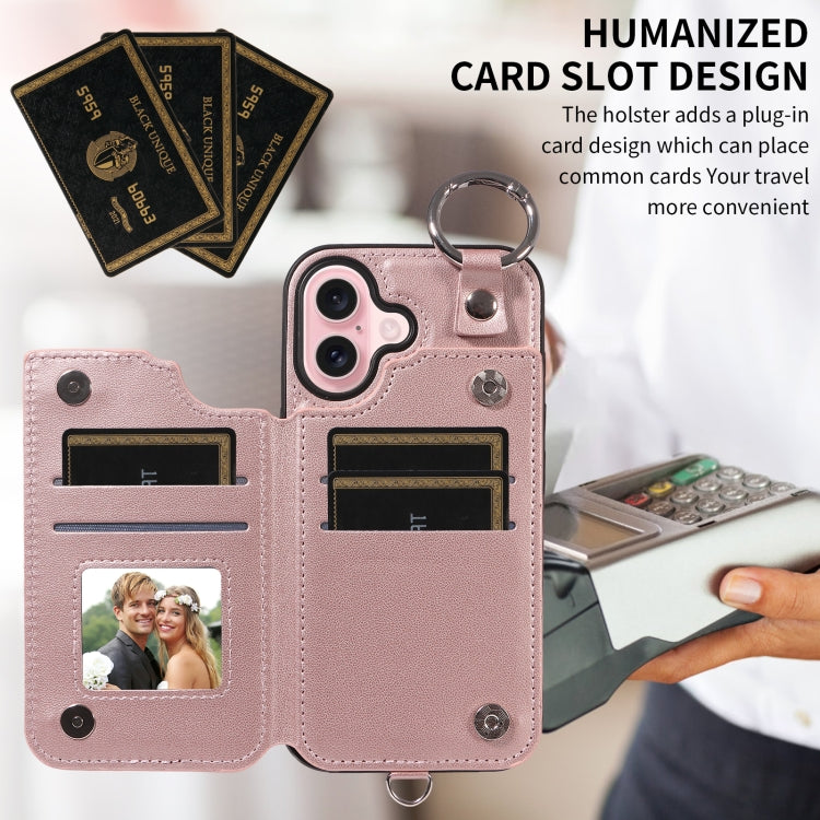 For iPhone 16 Rhombic Texture Card Bag Phone Case with Short Lanyard(Rose Gold) - iPhone 16 Cases by PMC Jewellery | Online Shopping South Africa | PMC Jewellery | Buy Now Pay Later Mobicred