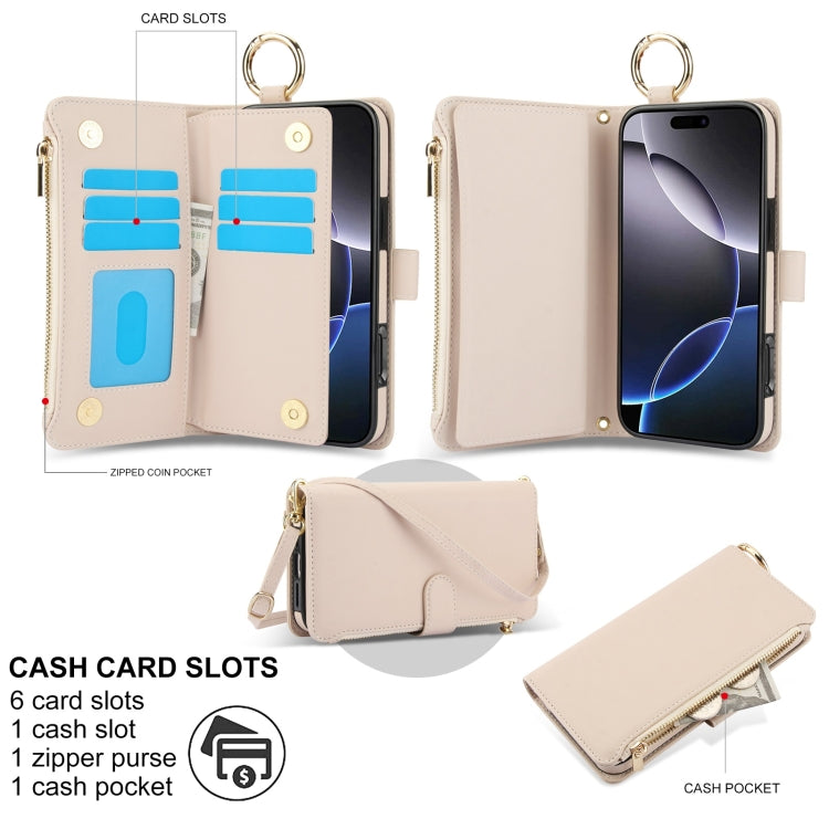 For iPhone 16 Pro Crossbody Ring Multifunctional Wallet Leather Phone Case(White) - More iPhone Cases by PMC Jewellery | Online Shopping South Africa | PMC Jewellery | Buy Now Pay Later Mobicred