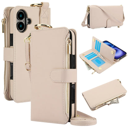 For iPhone 16 Plus Crossbody Ring Multifunctional Wallet Leather Phone Case(White) - iPhone 16 Plus Cases by PMC Jewellery | Online Shopping South Africa | PMC Jewellery | Buy Now Pay Later Mobicred