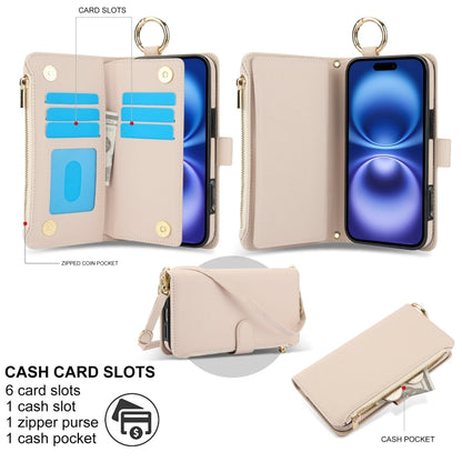 For iPhone 16 Plus Crossbody Ring Multifunctional Wallet Leather Phone Case(White) - iPhone 16 Plus Cases by PMC Jewellery | Online Shopping South Africa | PMC Jewellery | Buy Now Pay Later Mobicred