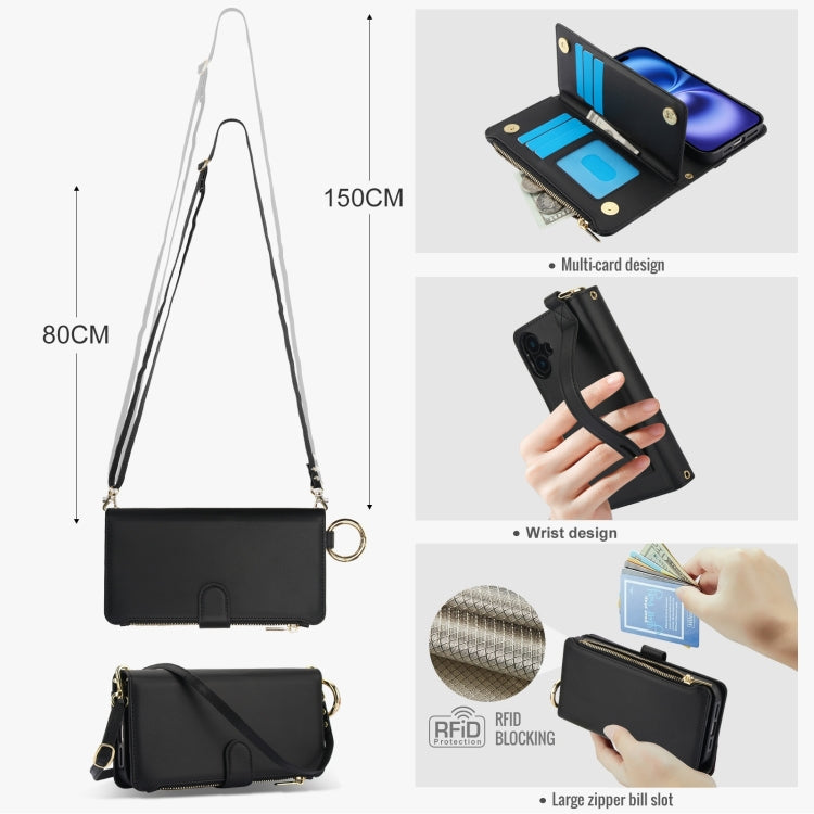 For iPhone 16 Plus Crossbody Ring Multifunctional Wallet Leather Phone Case(Black) - iPhone 16 Plus Cases by PMC Jewellery | Online Shopping South Africa | PMC Jewellery | Buy Now Pay Later Mobicred