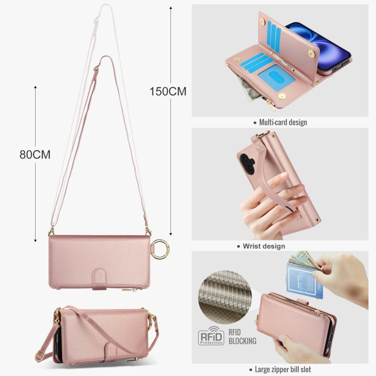 For iPhone 16 Plus Crossbody Ring Multifunctional Wallet Leather Phone Case(Rose Gold) - iPhone 16 Plus Cases by PMC Jewellery | Online Shopping South Africa | PMC Jewellery | Buy Now Pay Later Mobicred