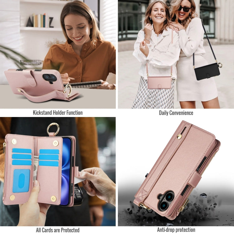 For iPhone 16 Plus Crossbody Ring Multifunctional Wallet Leather Phone Case(Rose Gold) - iPhone 16 Plus Cases by PMC Jewellery | Online Shopping South Africa | PMC Jewellery | Buy Now Pay Later Mobicred