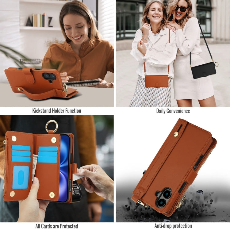 For iPhone 16 Plus Crossbody Ring Multifunctional Wallet Leather Phone Case(Brown) - iPhone 16 Plus Cases by PMC Jewellery | Online Shopping South Africa | PMC Jewellery | Buy Now Pay Later Mobicred