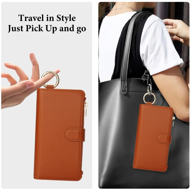 For iPhone 16 Plus Crossbody Ring Multifunctional Wallet Leather Phone Case(Brown) - iPhone 16 Plus Cases by PMC Jewellery | Online Shopping South Africa | PMC Jewellery | Buy Now Pay Later Mobicred