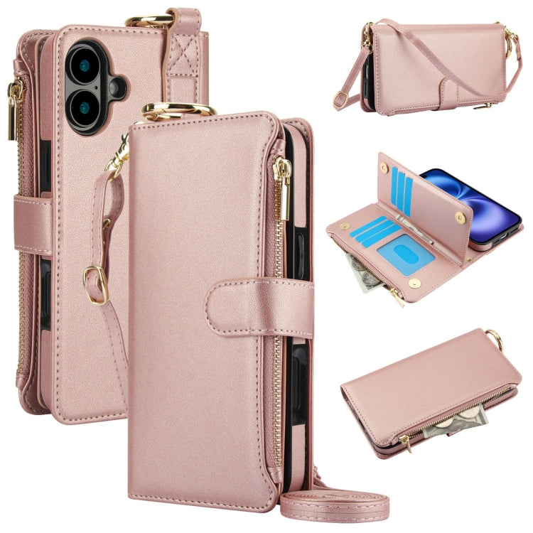 For iPhone 16 Crossbody Ring Multifunctional Wallet Leather Phone Case(Rose Gold) - iPhone 16 Cases by PMC Jewellery | Online Shopping South Africa | PMC Jewellery | Buy Now Pay Later Mobicred