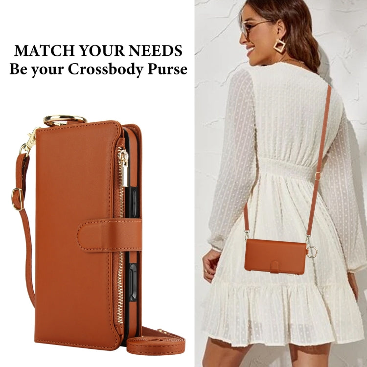 For iPhone 16 Crossbody Ring Multifunctional Wallet Leather Phone Case(Brown) - iPhone 16 Cases by PMC Jewellery | Online Shopping South Africa | PMC Jewellery | Buy Now Pay Later Mobicred