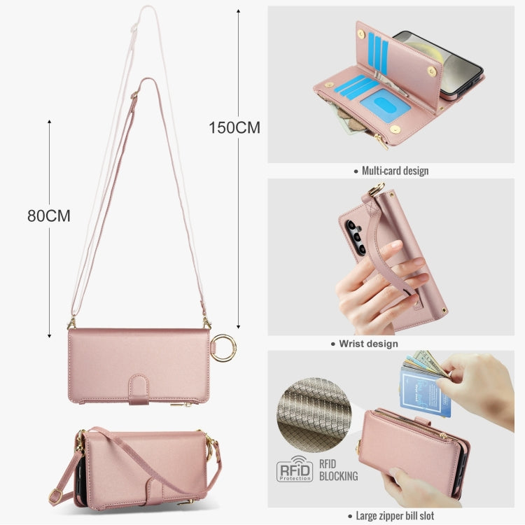 For Samsung Galaxy S24 5G Crossbody Ring Multifunctional Wallet Leather Phone Case(Rose Gold) - Galaxy S24 5G Cases by PMC Jewellery | Online Shopping South Africa | PMC Jewellery | Buy Now Pay Later Mobicred